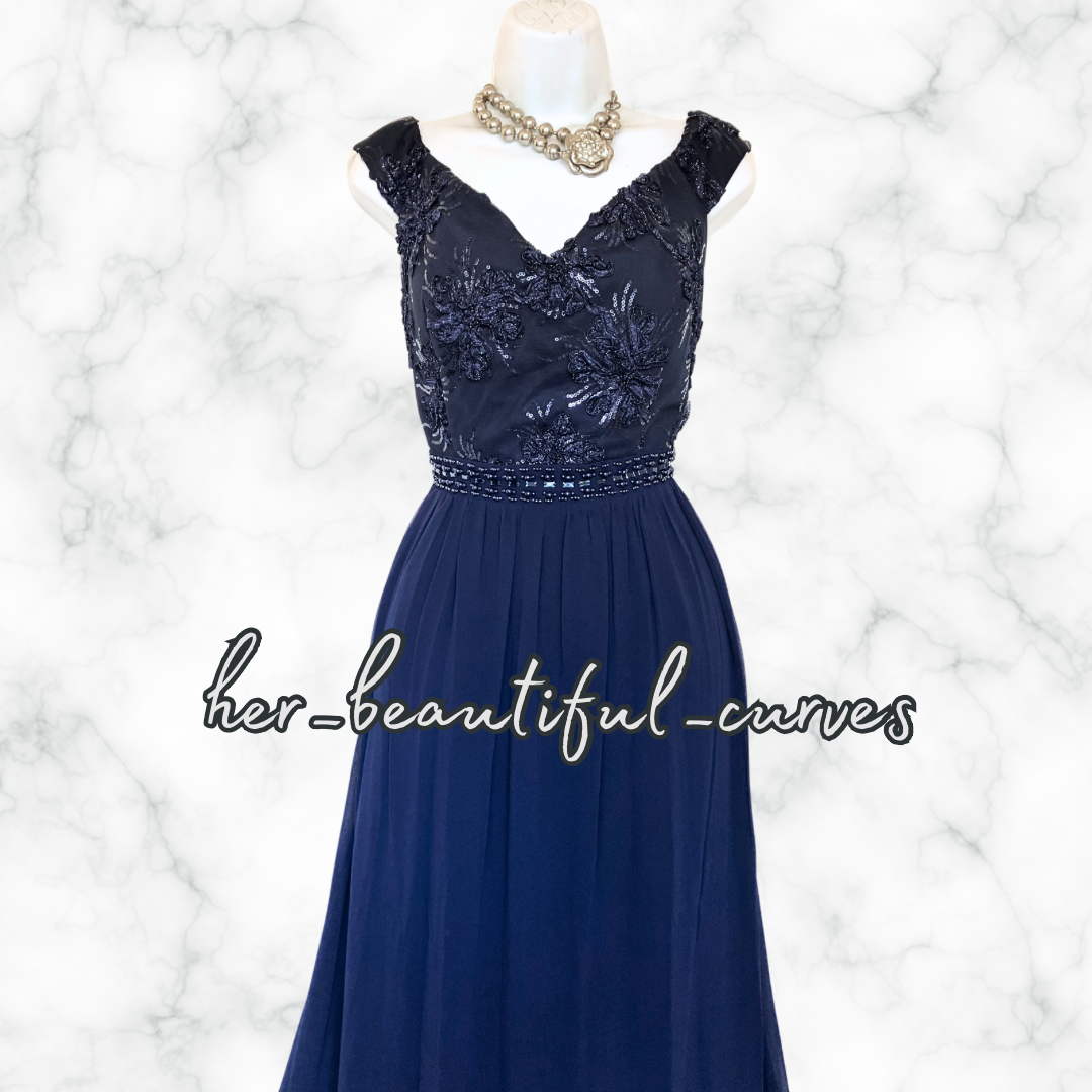 QUIZ NAVY EMBROIDERED SEQUINED MAXI EVENING OCCASION PARTY DRESS SIZE 16