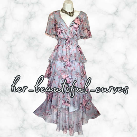 QUIZ FLORAL PRINT TIERED HI LOW PARTY DRESS SIZE 14