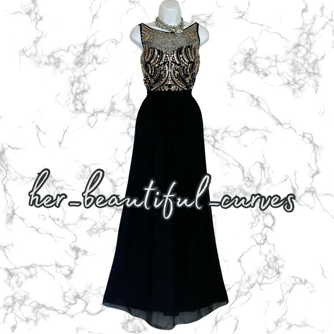 QUIZ RICH BLACK SHIMMERING GOLD EMBROIDERIES & BEADS MAXI EVEING DRESS SIZE 16