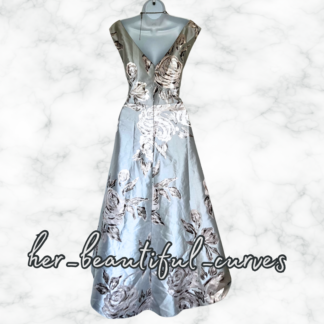 ROMAN JACQUARD FLORAL PATTERN HI LOW WEDDING OCCASION DRESS SIZE 20 (slim 20)