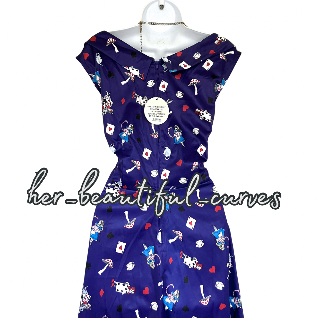 LINDY BOP ALICE IN WONDERLAND 50s VINTAGE STYLE OCCASION PARTY DRESS SIZE 16 NEW