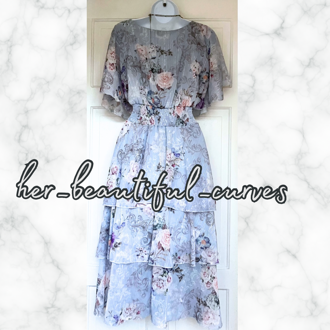 QUIZ FLORAL PRINT GLITTERING THREADS TIERED MIDI OCCASION PARTY DRESS SIZE 14