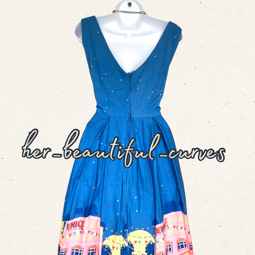 LINDY BOP VENICE BEACH PRINT 50s VINTAGE STYLE OCCASION PARTY DRESS SIZE 14
