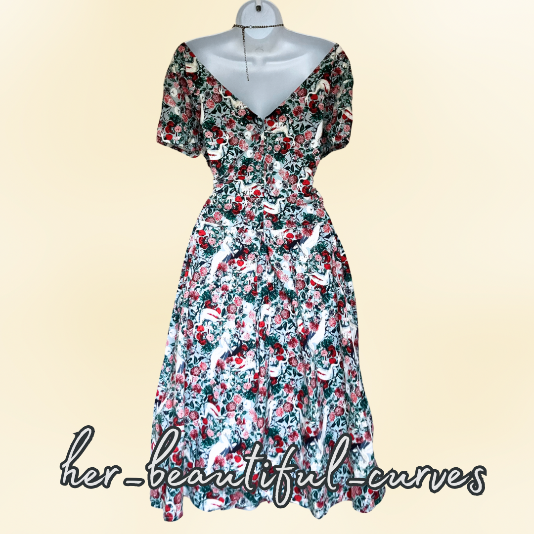 JOE BROWNS CRANE & FLORAL PRINT 50s FIT & FLARE PARTY DRESS SIZE 24