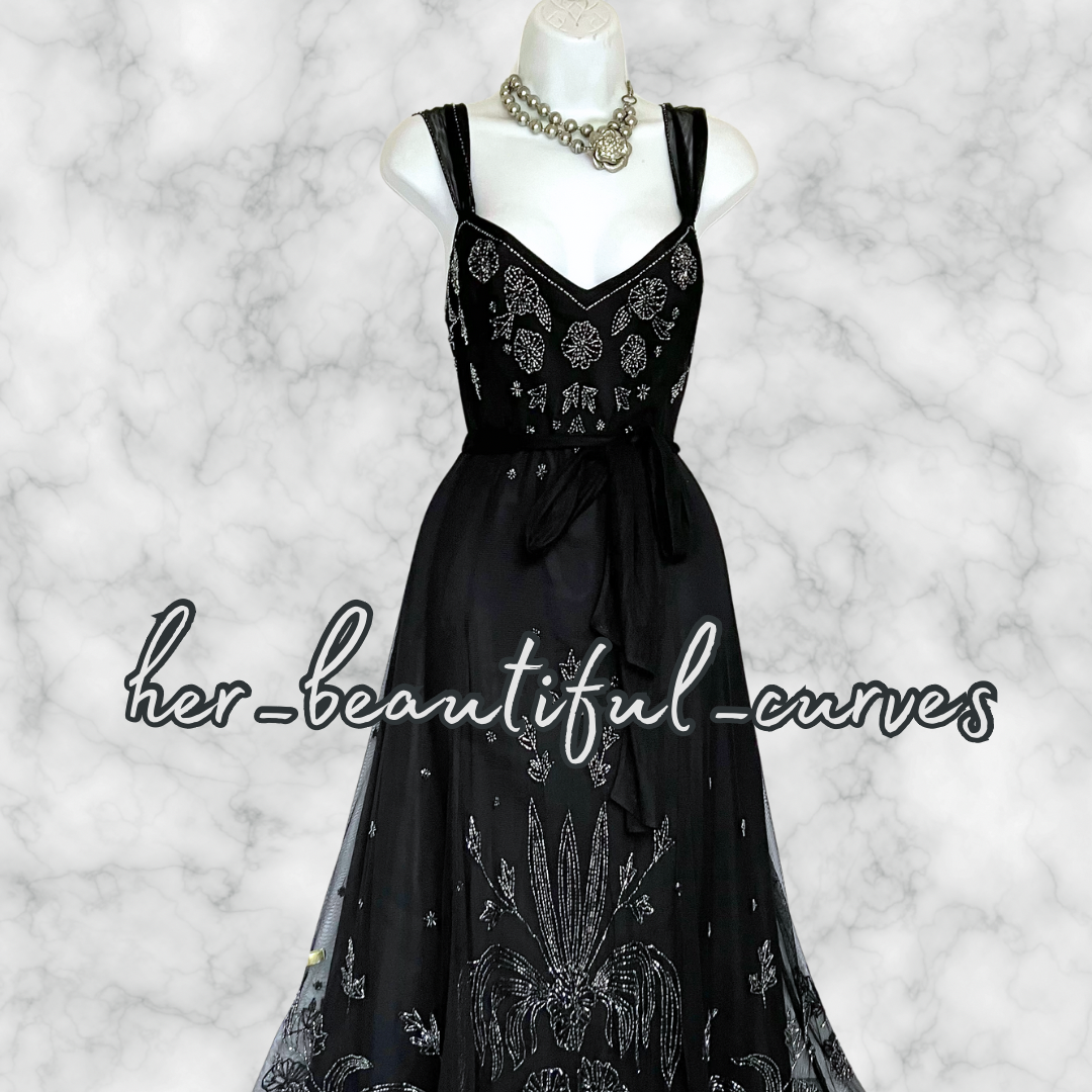 LADIES BLACK BEADED EMBELLISHED OCCASION PARTY DRESS & BOLERO SIZE 16