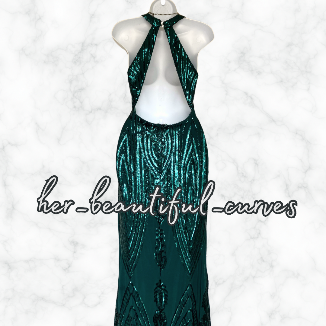 QUIZ GREEN SEQUINS FLOOR LENGTH WEDDING OCCASION EVENING PARTY DRESS SIZE 14