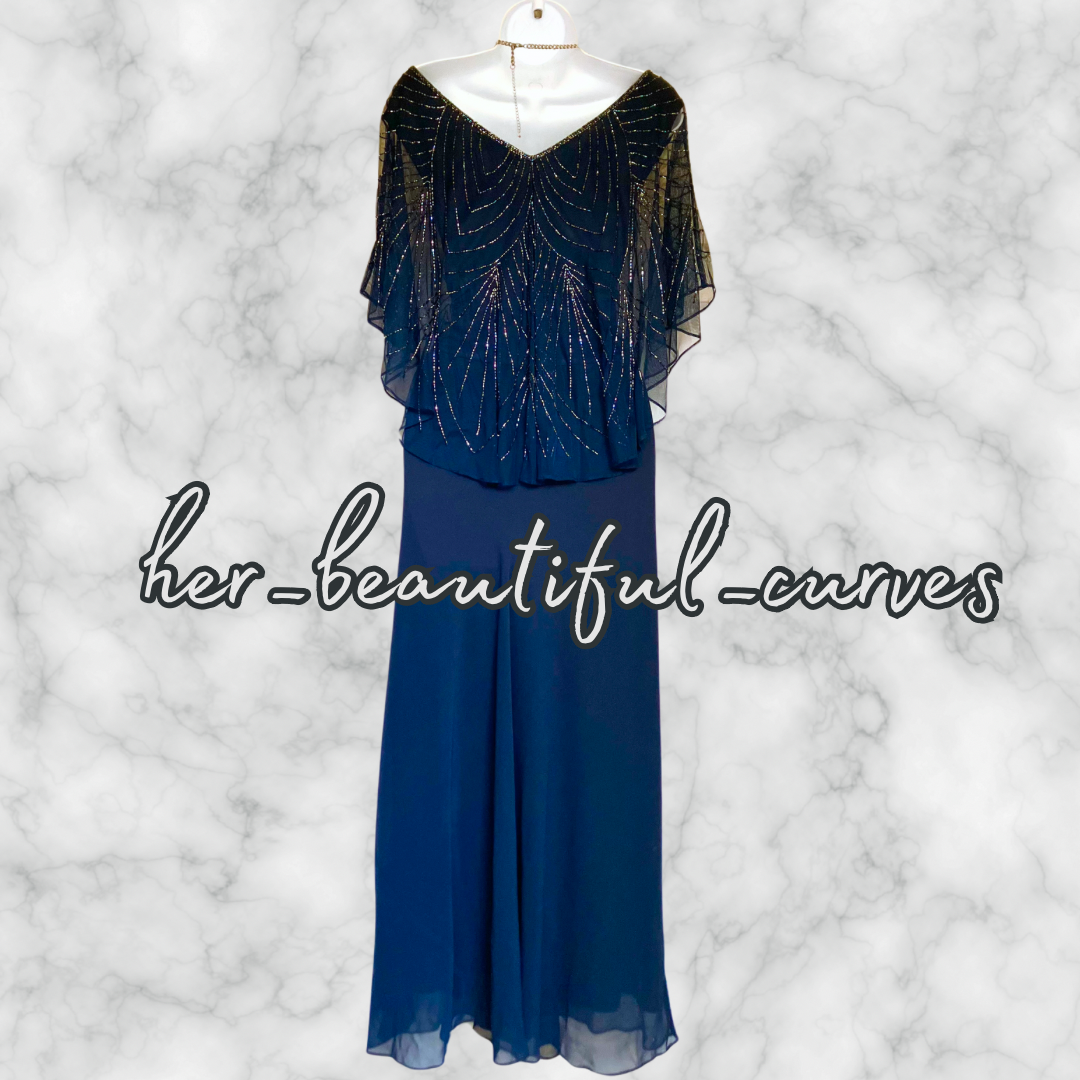 NIGHTINGALES NAVY BEADED WEDDING OCCASION EVENING PARTY DRESS SIZE 22