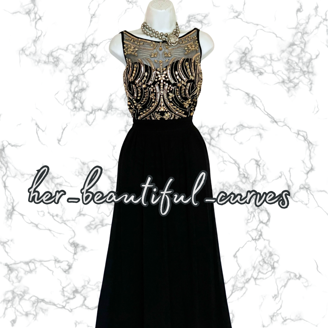 QUIZ RICH BLACK SHIMMERING GOLD EMBROIDERIES & BEADS MAXI EVEING DRESS SIZE 16