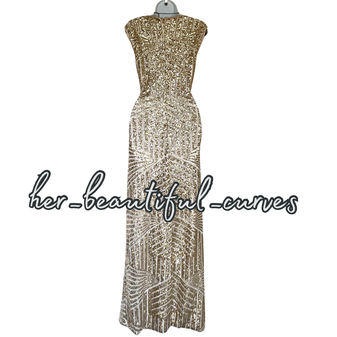 QUIZ SHIMMERING GOLD SEQUINS MAXI EVENING OCCASION PARTY DRESS SIZE 18 fits 16