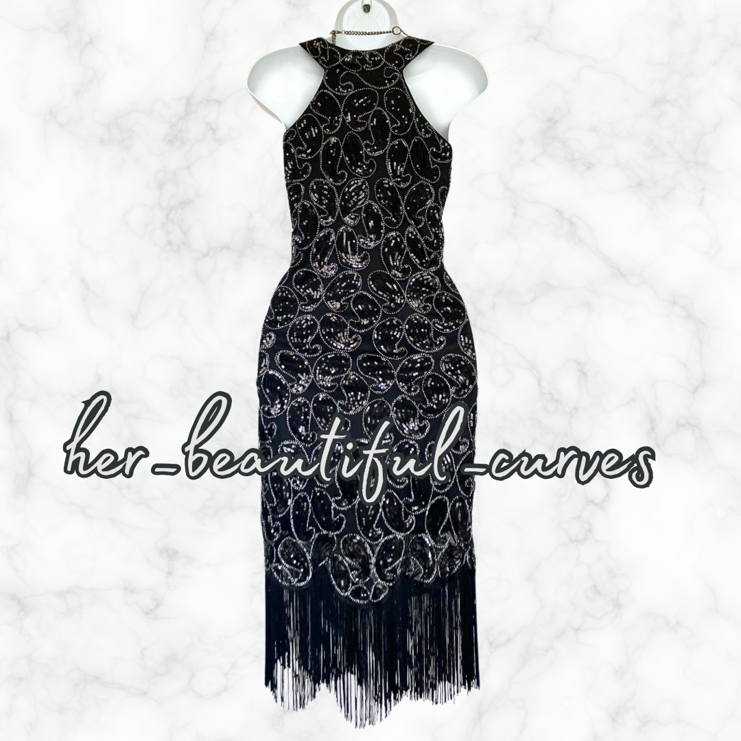 LADIES SEQUINED BEADED PAISLEY 20s GATSBY OCCASION PARTY DRESS SIZE XL FITS 16