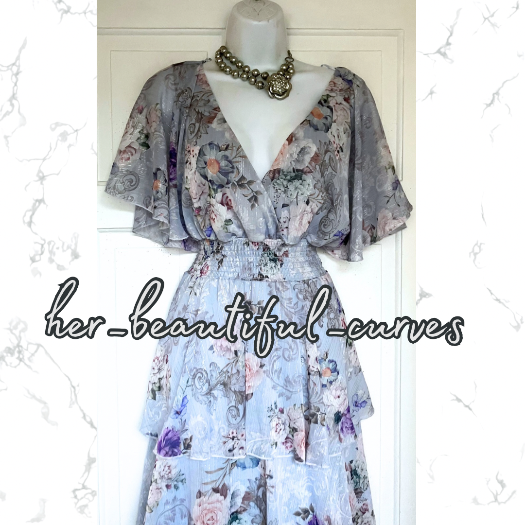 QUIZ FLORAL PRINT GLITTERING THREADS TIERED MIDI OCCASION PARTY DRESS SIZE 14