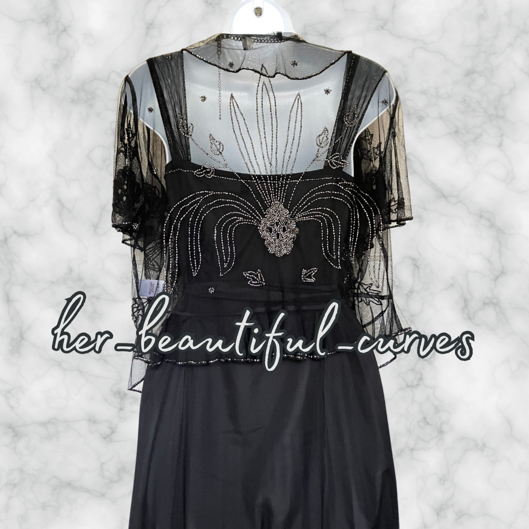 LADIES BLACK BEADED EMBELLISHED OCCASION PARTY DRESS & BOLERO SIZE 16