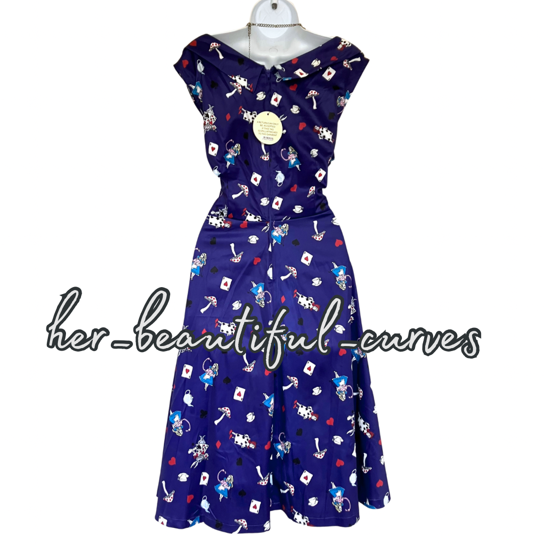 LINDY BOP ALICE IN WONDERLAND 50s VINTAGE STYLE OCCASION PARTY DRESS SIZE 16 NEW