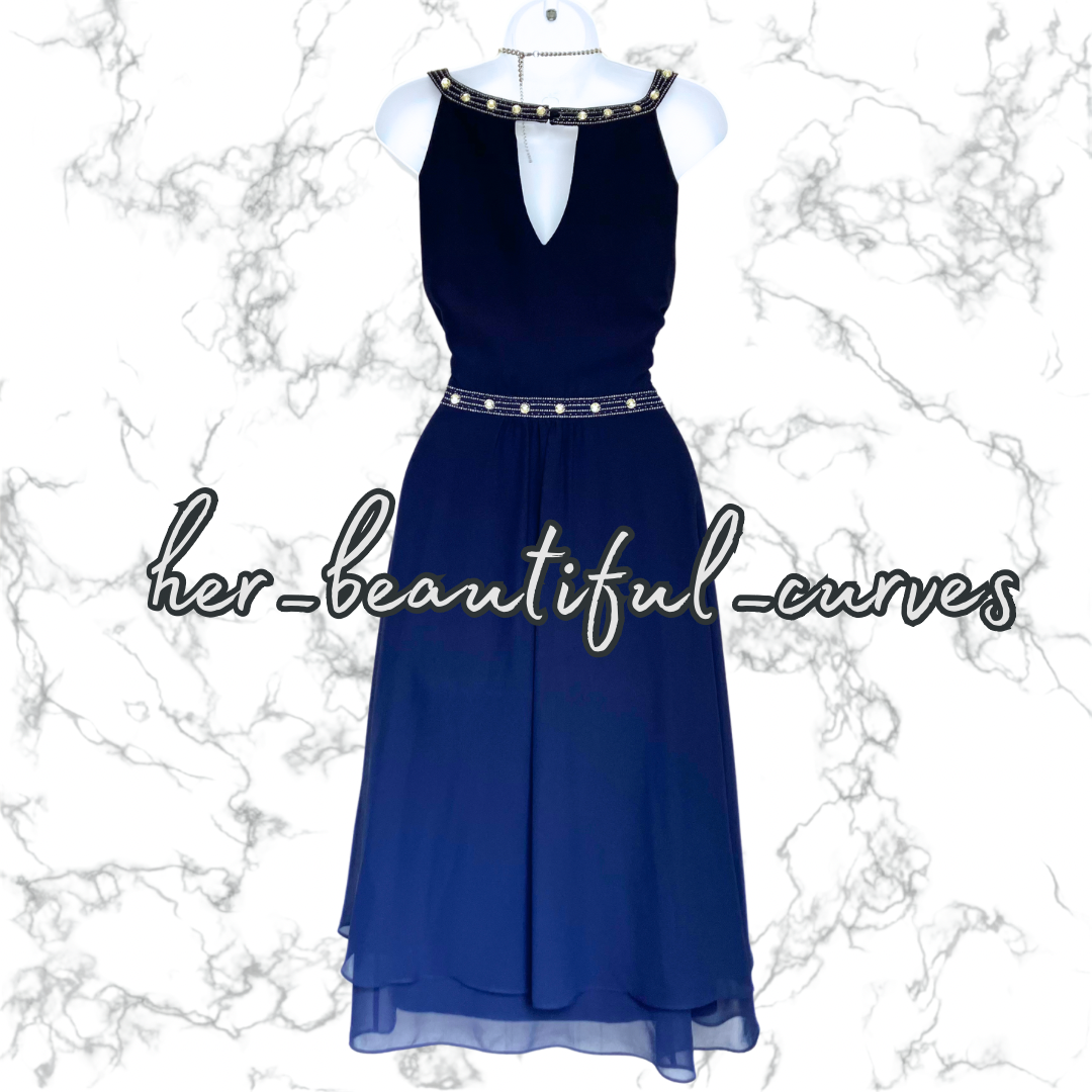 MONSOON BEADED NAVY OCCASION PARTY DRESS SIZE 22