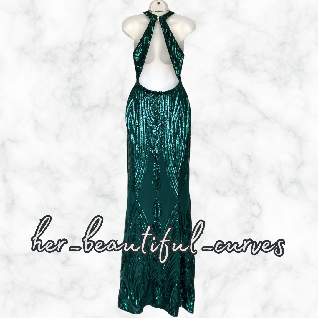 QUIZ GREEN SEQUINS FLOOR LENGTH WEDDING OCCASION EVENING PARTY DRESS SIZE 14