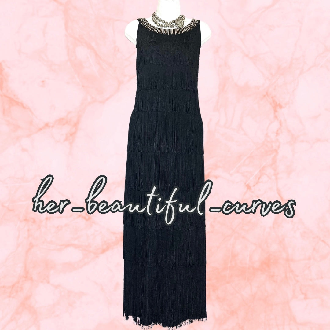 ROMAN BLACK SEQUINNED TIERED FRINGED 20s GATSBY EVEING OCCASION DRESS SIZE 20