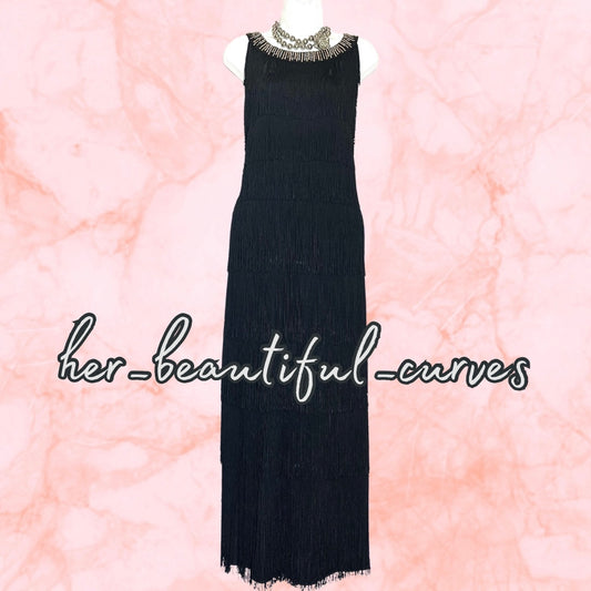 ROMAN BLACK SEQUINNED TIERED FRINGED 20s GATSBY EVEING OCCASION DRESS SIZE 20