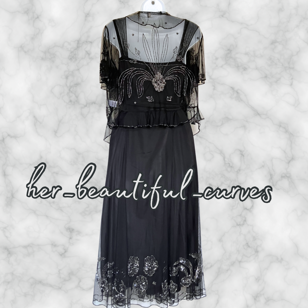 LADIES BLACK BEADED EMBELLISHED OCCASION PARTY DRESS & BOLERO SIZE 16