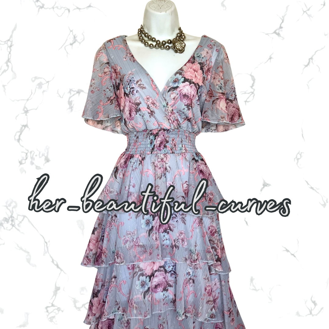 QUIZ FLORAL PRINT TIERED HI LOW PARTY DRESS SIZE 14