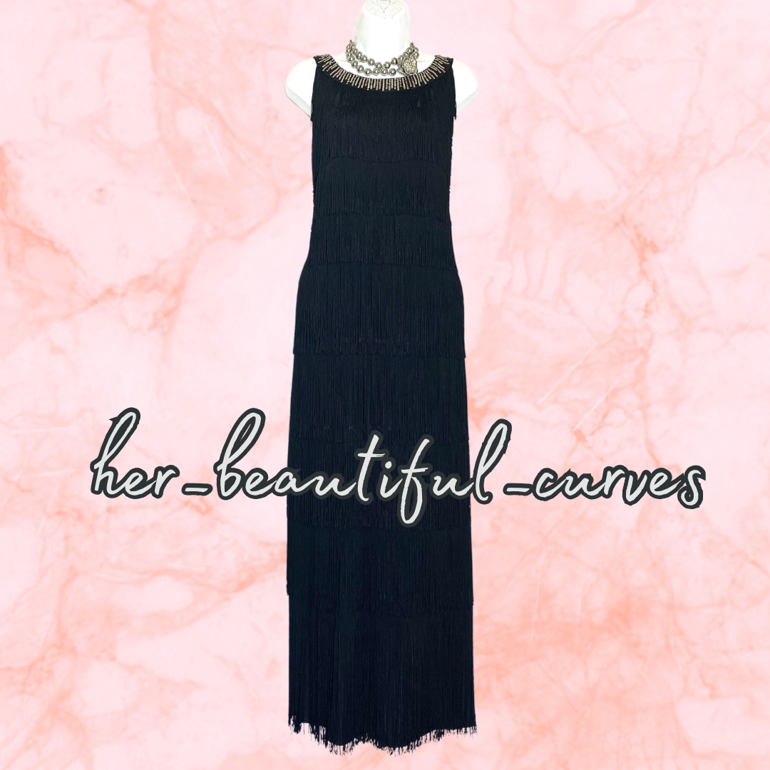 ROMAN BLACK SEQUINNED TIERED FRINGED 20s GATSBY EVEING OCCASION DRESS SIZE 20