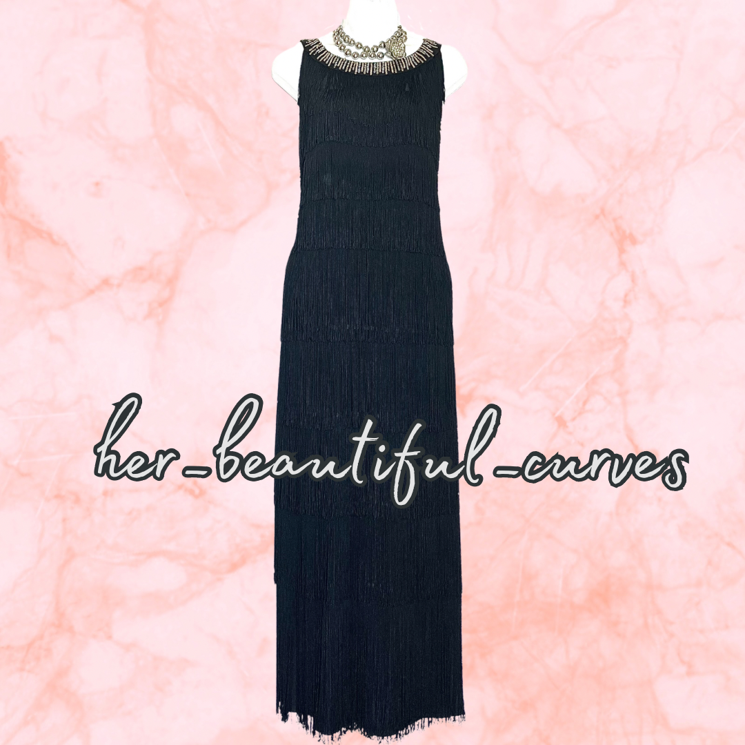 ROMAN BLACK SEQUINNED TIERED FRINGED 20s GATSBY EVEING OCCASION DRESS SIZE 20