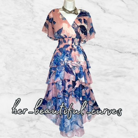 QUIZ FLORAL PRINT TIERED HI LOW OCCASION WEDDING PARTY DRESS SIZE 16