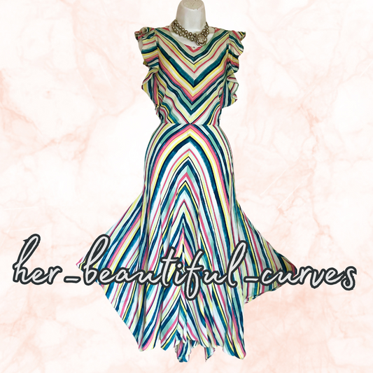 MONSOON STRIPES PRINT MIDI HANDKERCHIEF HEM WEDDING OCCASION PARTY DRESS SIZE 18