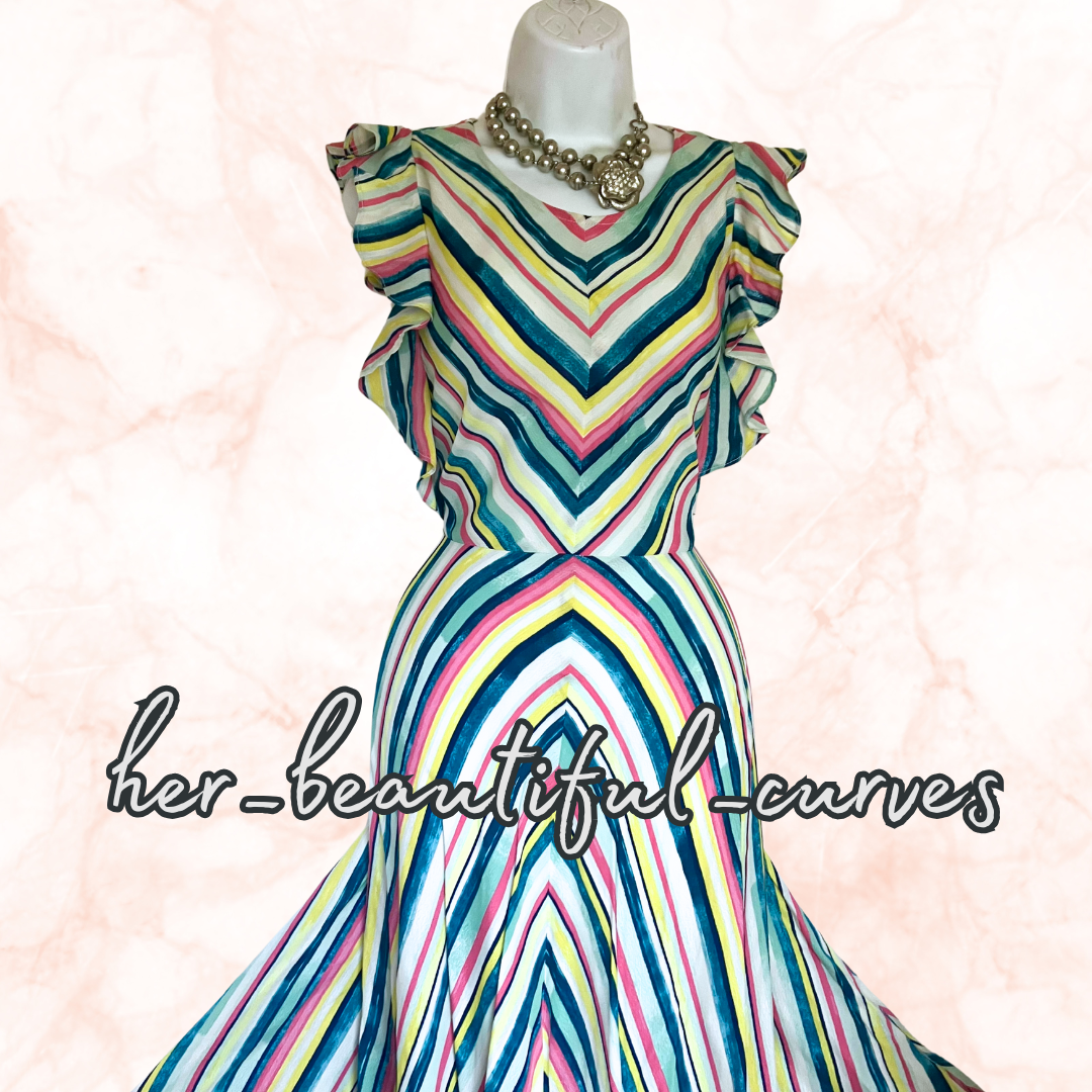 MONSOON STRIPES PRINT MIDI HANDKERCHIEF HEM WEDDING OCCASION PARTY DRESS SIZE 18