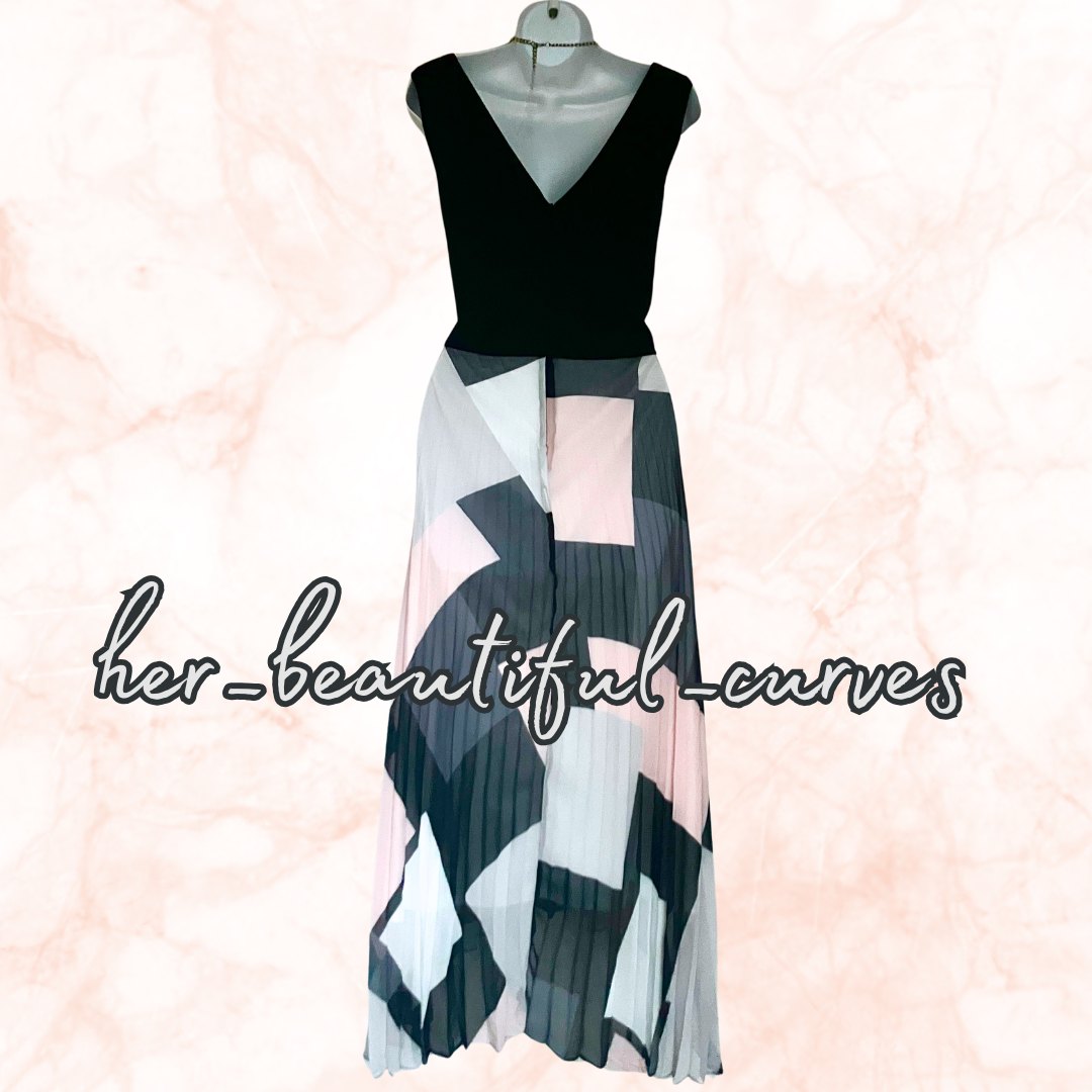 ROMAN ART DECO PRINT PLEAR WEDDING OCCASION HI LOW PARTY DRESS SIZE 20