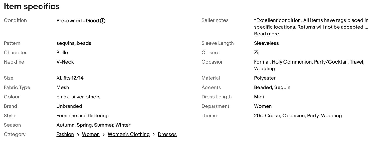 LADIES SEQUINS BEADS 20s GATSBY OCCASION PARTY DRESS SIZE XL FITS 12/14