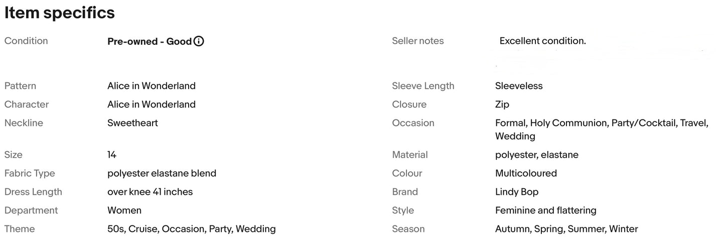 LINDY BOP ALICE IN WONDERLAND 50s VINTAGE STYLE OCCASION PARTY DRESS SIZE 14