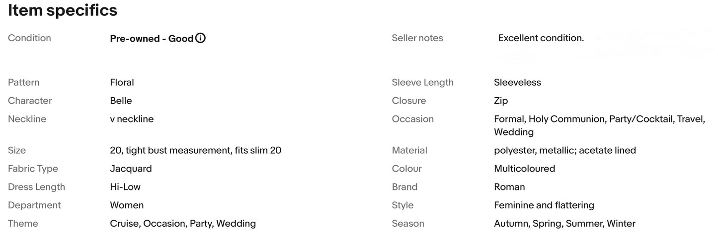 ROMAN JACQUARD FLORAL PATTERN HI LOW WEDDING OCCASION DRESS SIZE 20 (slim 20)