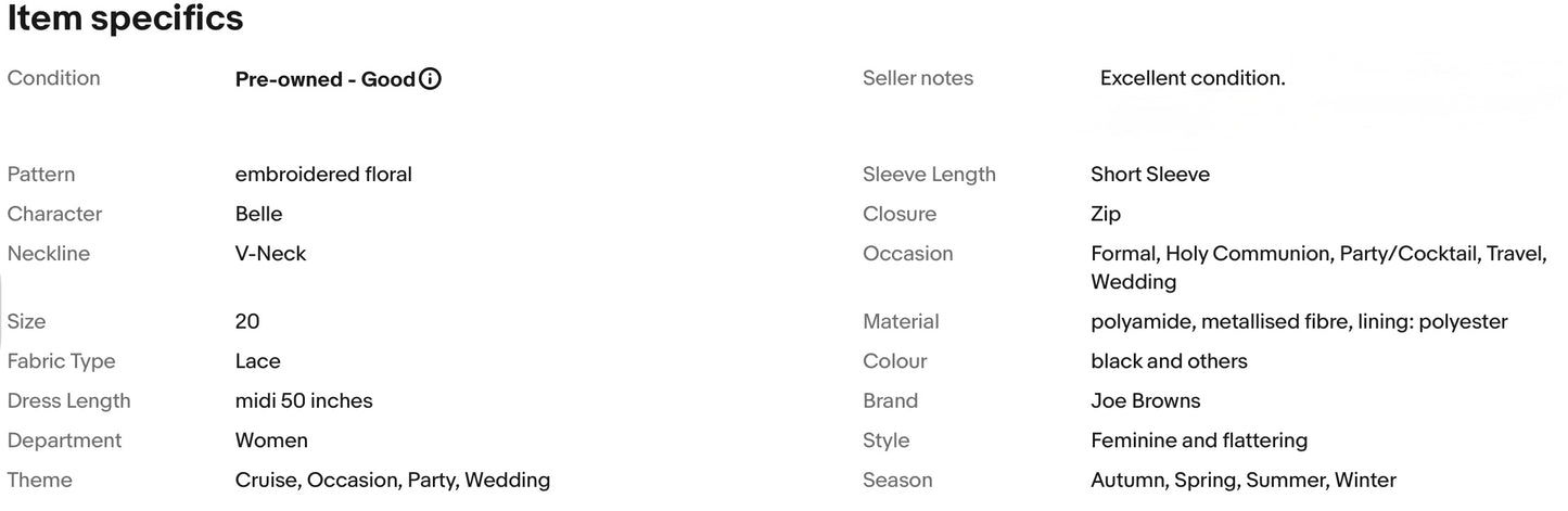 JOE BROWNS EMBROIDERED LACE FLORAL WEDDING OCCASION PARTY DRESS SIZE 20