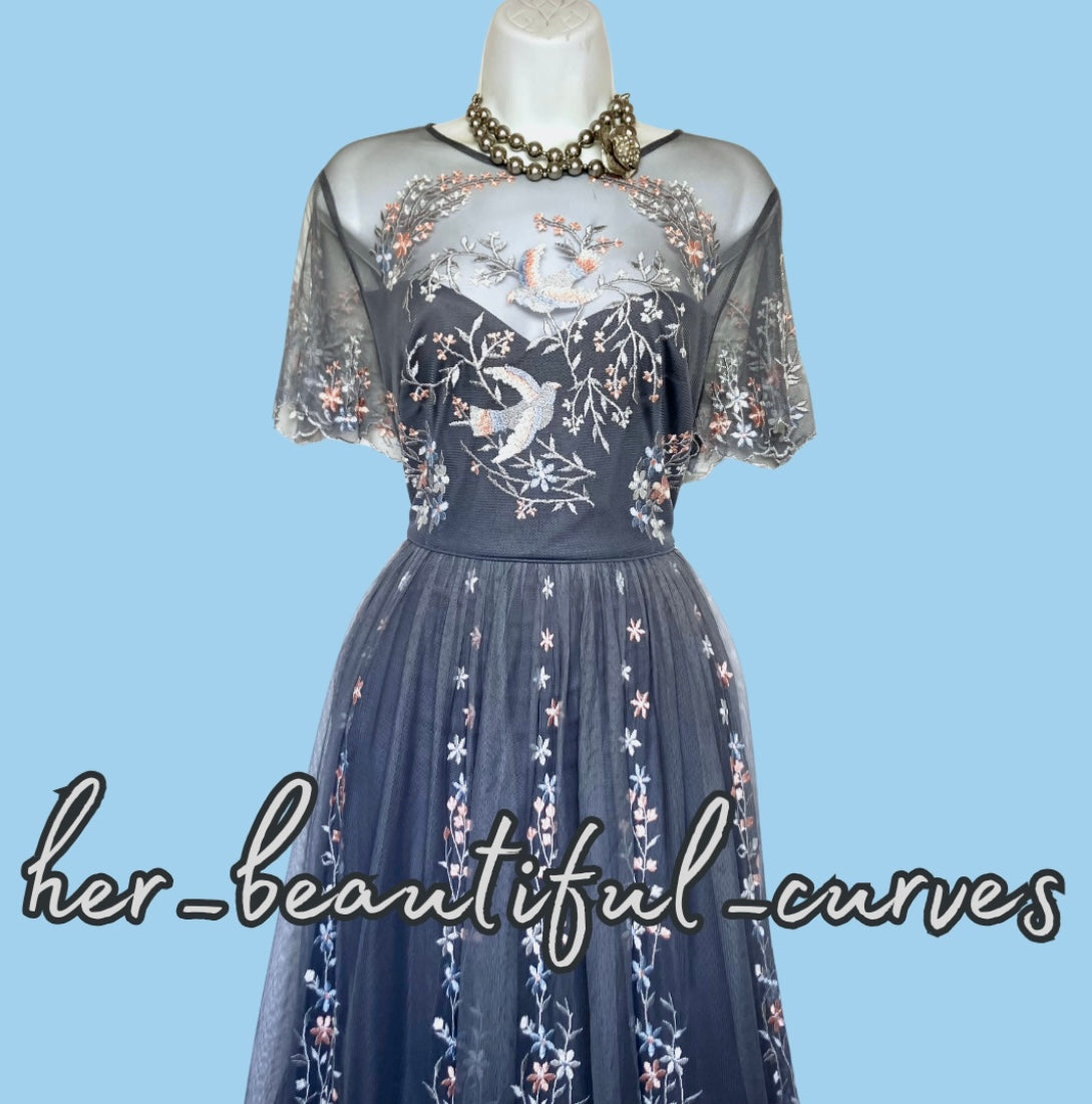 MONSOON EMBROIDERED BIRDS & FLORAL OCCASION WEDDING PARTY DRESS SIZE 16 new