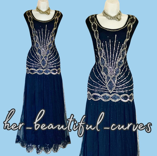 JOANNA HOPE NAVY 20s GATSBY SEQUINS BEADES EVENING OCCASION PARTY DRESS SIZE 24