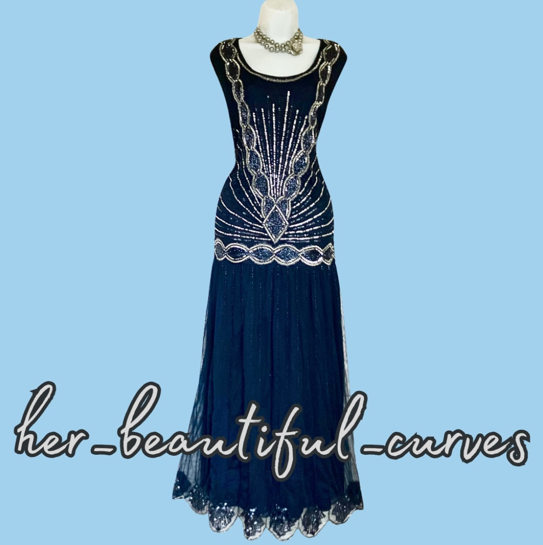 JOANNA HOPE NAVY 20s GATSBY SEQUINS BEADES EVENING OCCASION PARTY DRESS SIZE 24