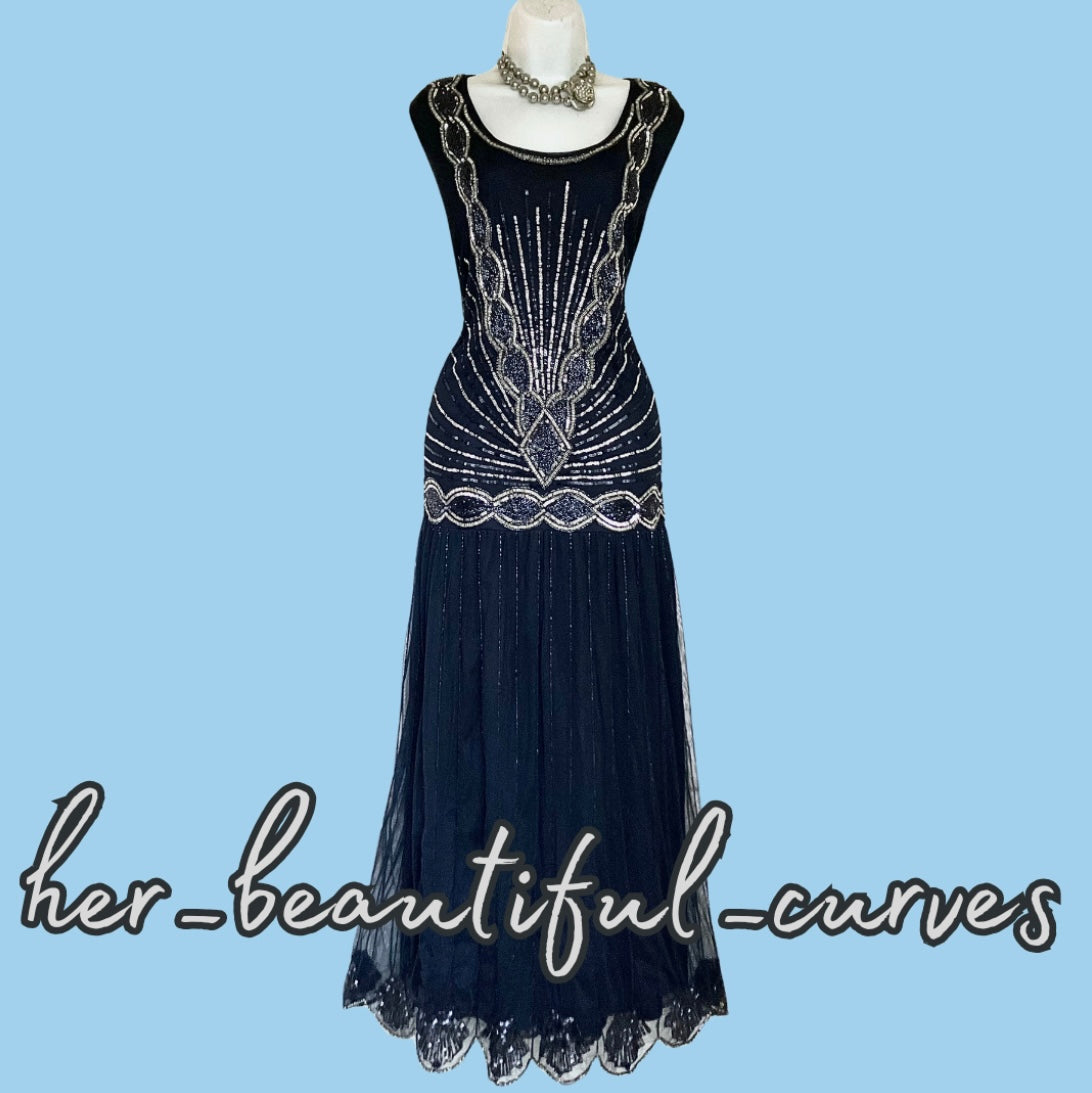 JOANNA HOPE NAVY 20s GATSBY SEQUINS BEADES EVENING OCCASION PARTY DRESS SIZE 24