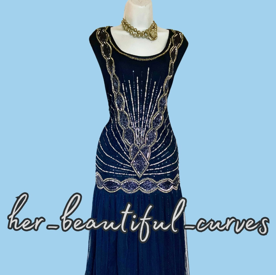 JOANNA HOPE NAVY 20s GATSBY SEQUINS BEADES EVENING OCCASION PARTY DRESS SIZE 24