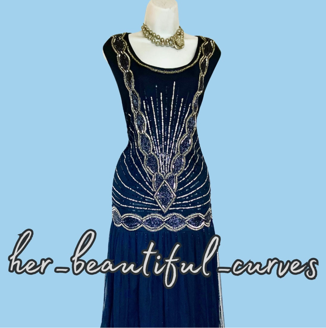 JOANNA HOPE NAVY 20s GATSBY SEQUINS BEADES EVENING OCCASION PARTY DRESS SIZE 24