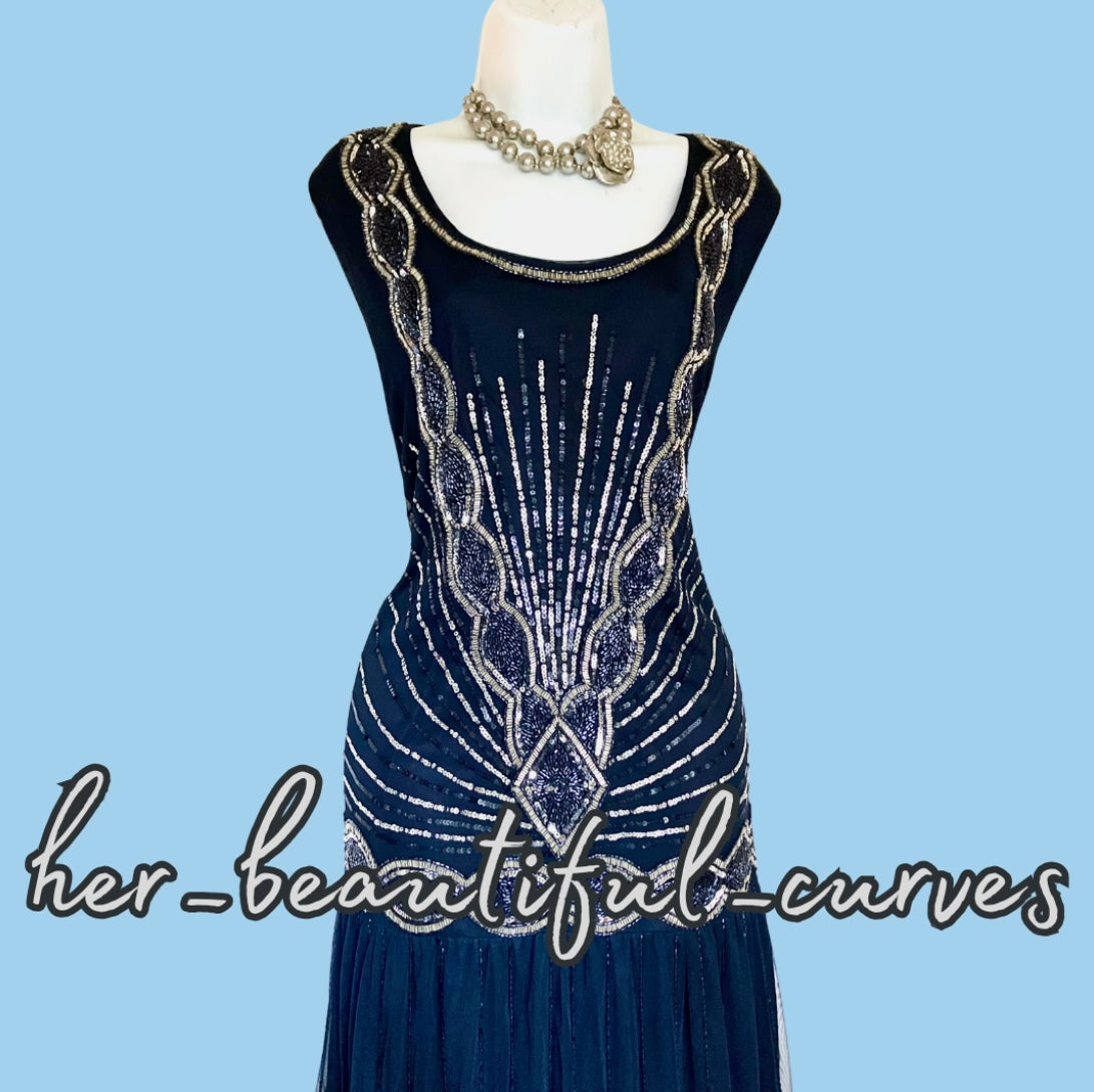 JOANNA HOPE NAVY 20s GATSBY SEQUINS BEADES EVENING OCCASION PARTY DRESS SIZE 24