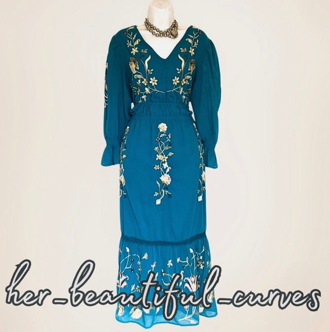 MONSOON EMBROIDERED FLORAL PATTERN MIDI OCCASION PARTY DRESS SIZE 16 new