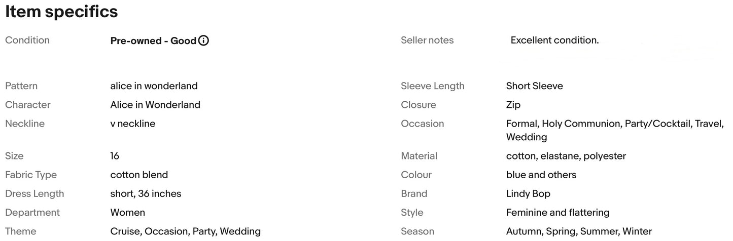 LINDY BOP ALICE IN WONDERLAND VINAGE STYLE OCCASION PARTY DRESS SIZE 16