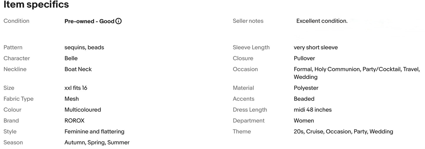 ROROX SEQUINS BEADS 20s GATSBY OCCASION PARTY DRESS SIZE XXL FITS 16